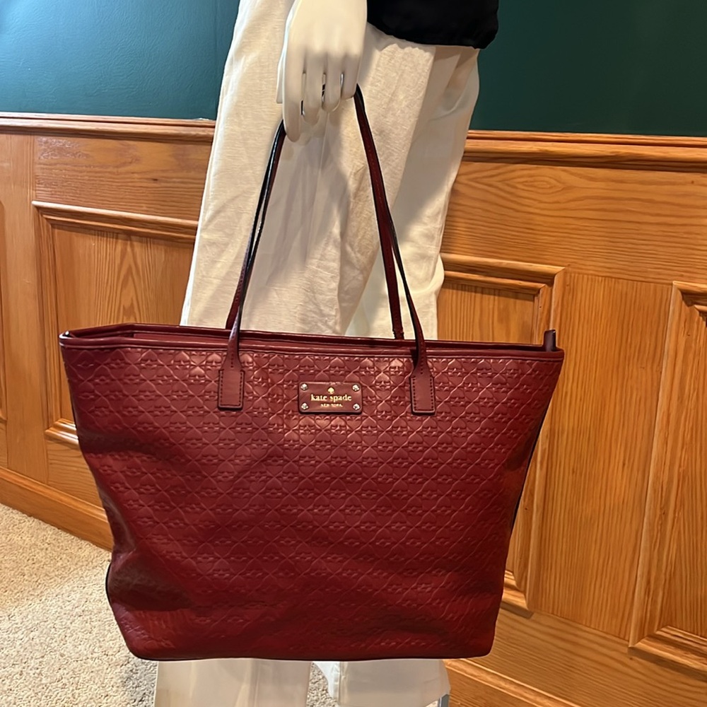 Kate Spade Margareta Penn Place Embossed Red Leather Tote Bag.